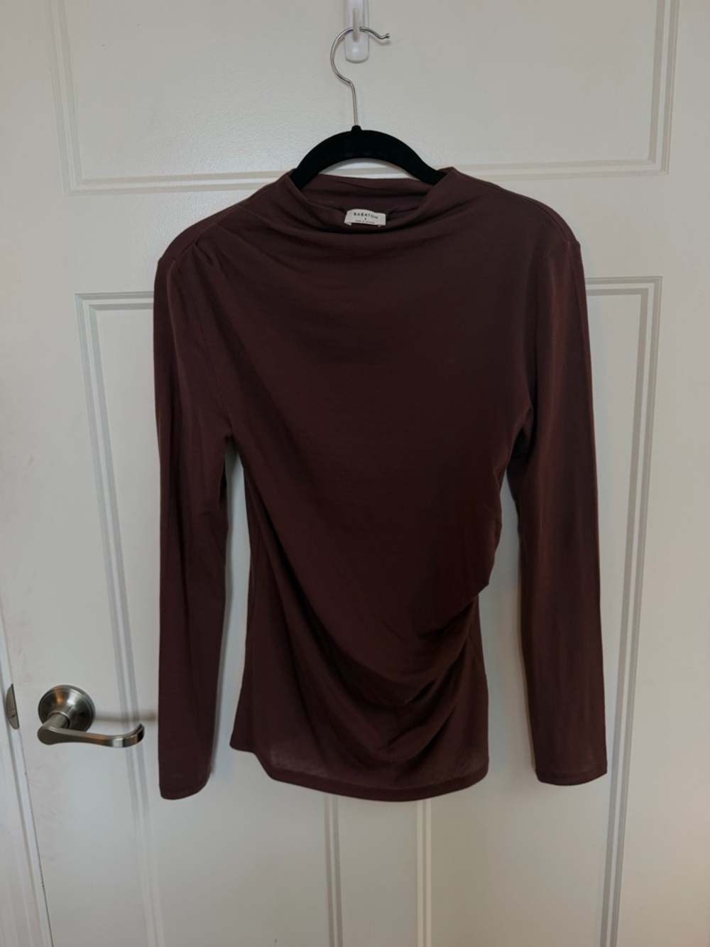 Aritzia Babaton Chocolate Brown Long-Sleeve Draped Mock Neck Top